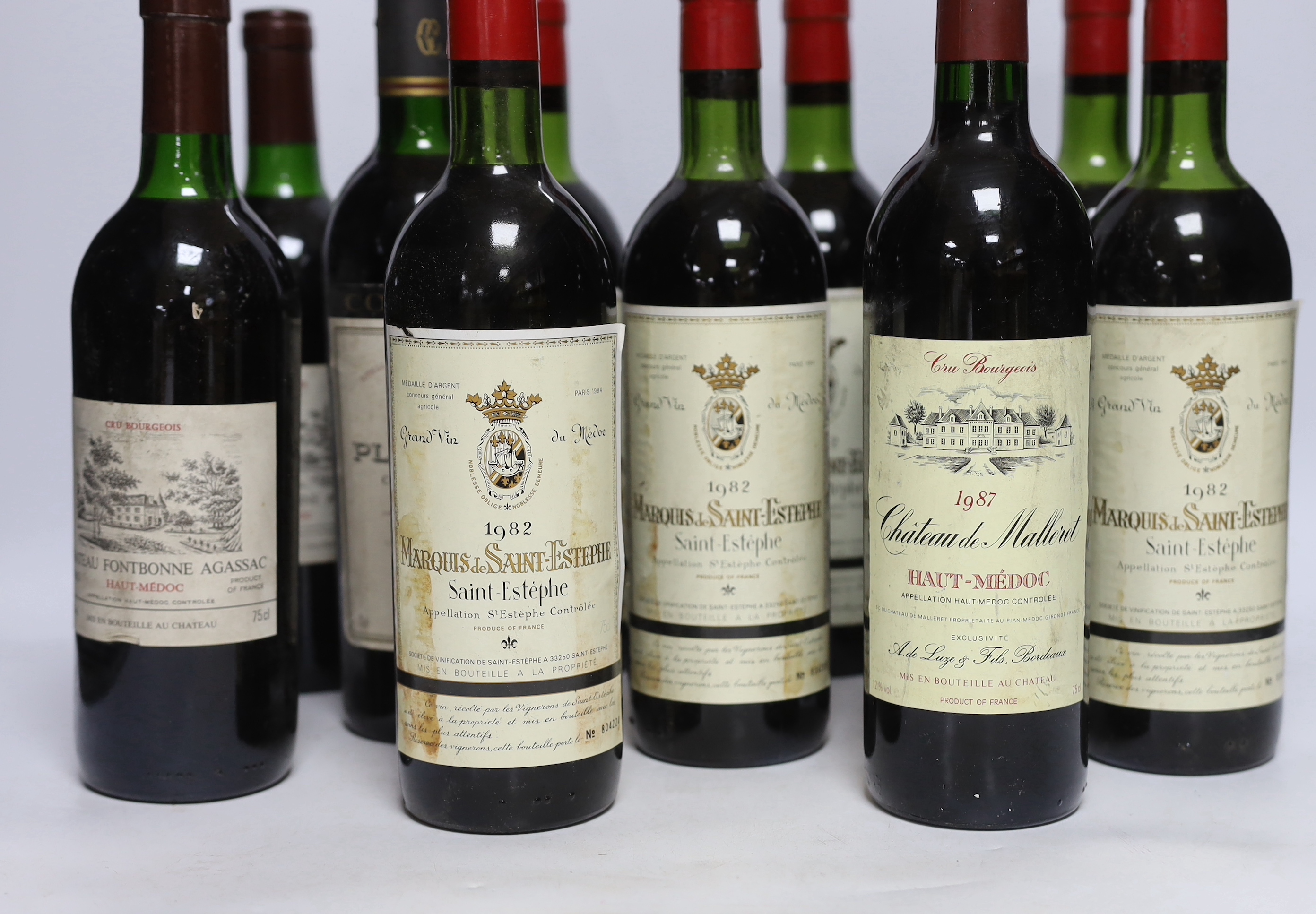 Seven bottles of Saint-Estephe 1982 and three bottles of Haute Medoc 1985 Chateau Fondbonne Agassac and one bottle Medoc 1984 Chateau Plagnac, wine